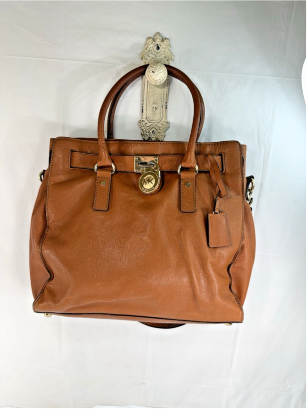 Michael Kors Hamilton Large Leather Brown w/ Gold Lock Shoulder Bag Satchel
